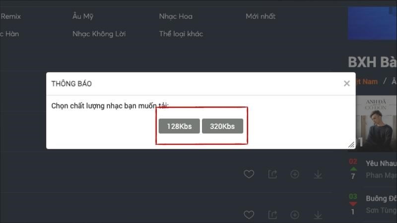Chọn chất lượng nhạc và tải