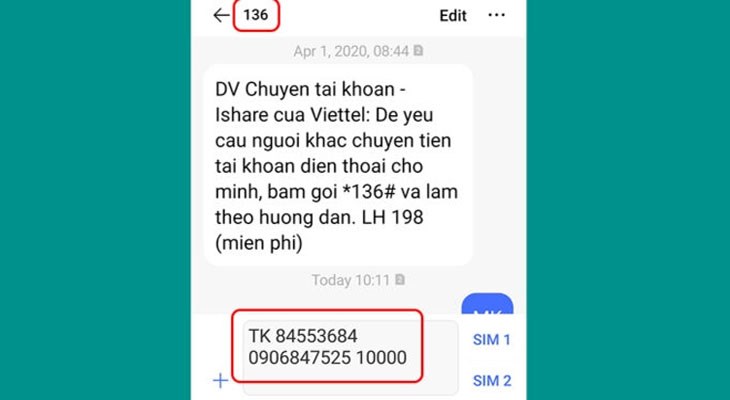 Soạn tin nhắn chuyển tiền với cú pháp: TK Gửi 136