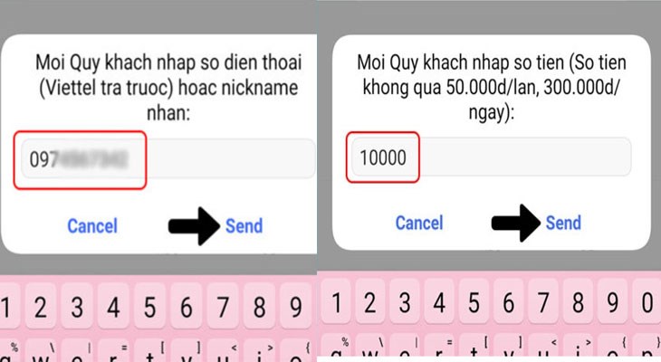 Nhập số điện thoại nhận tiền  Nhập số tiền cần chuyển  Nhập mật khẩu chuyển tiền là xong