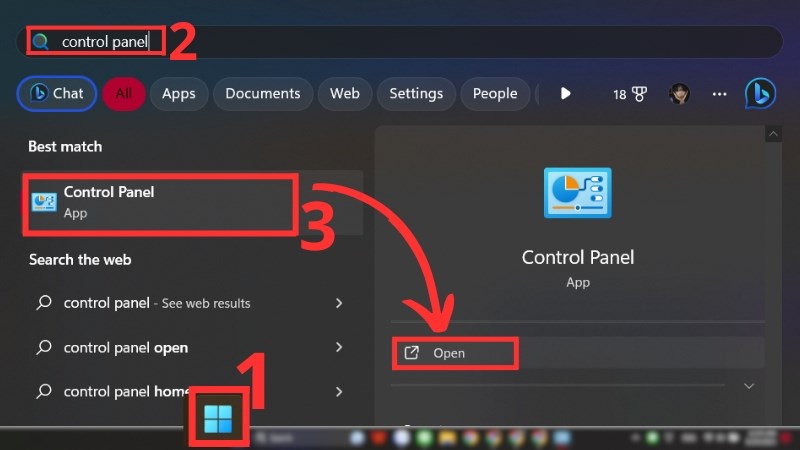 Gõ tìm kiếm Control panel