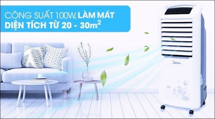 Quạt điều hòa Midea AC200-19WV hoạt động mạnh mẽ với công suất 100W, giúp xua tan cái nóng hiệu quả cho phòng có diện tích 20 - 30 mét vuông