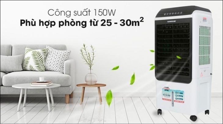 Quạt điều hòa Sunhouse SHD7727 hoạt động mạnh mẽ với công suất 150W, có khả năng xua tan nóng bức cho không gian rộng từ 25 - 30 mét vuông