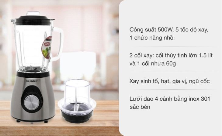Máy xay sinh tố Sharp EM-S155GV-ST với kiểu dáng mềm mại, gọn đẹp