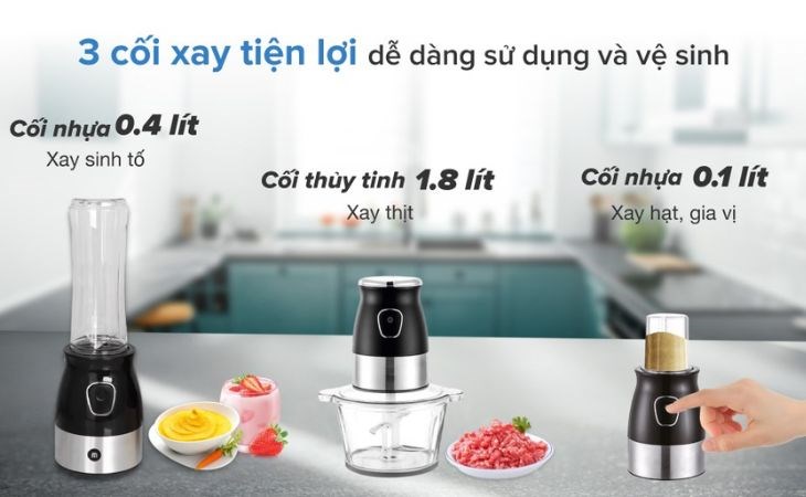 Máy xay đa năng Mishio MK-258 có 3 cối xay tiện lợi