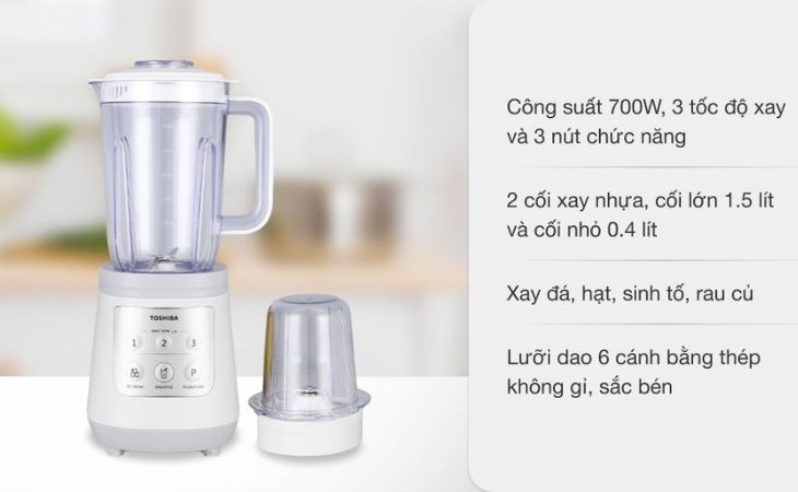 Máy xay sinh tố đa năng Toshiba BL-70PR1NV với lưỡi dao 6 cánh bằng thép không gỉ