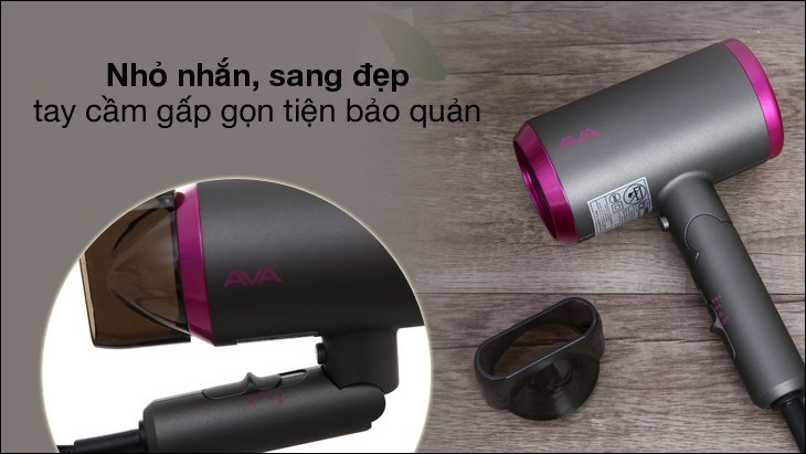 Máy sấy tóc 1800W AVA RCY-7044 có một vẻ ngoài sang trọng, tay cầm nhỏ gọn vừa tay, dễ dàng gấp gọn và bảo quản