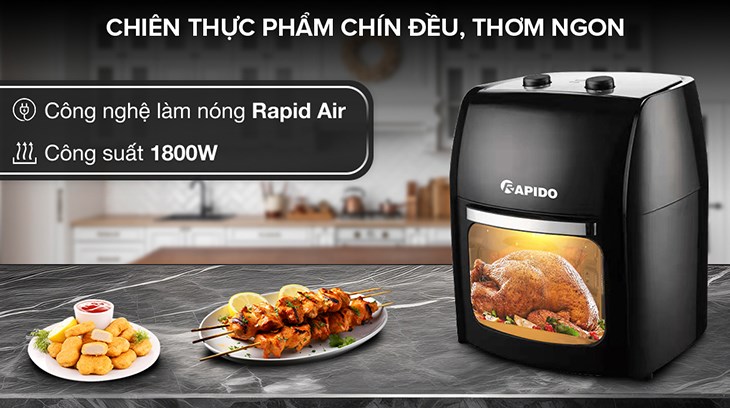 Lò chiên không dầu Rapido RAF-12M1 12 lít được trang bị công nghệ làm nóng Rapid Air kết hợp cùng quạt đối lưu giúp thức ăn được chín đều