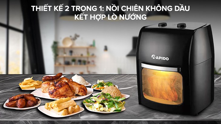 Lò chiên không dầu Rapido RAF-12M1 12 lít với thiết kế 2 trong 1 giúp người dùng linh hoạt sử dụng theo nhu cầu