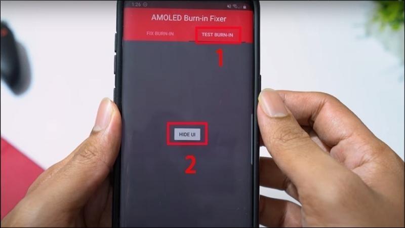 Nhấn chọn Test Burn-In  Chọn Hide UI nhằm xác định điểm bị mờ trên máy