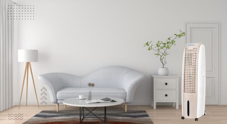 Quạt điều hòa Daikiosan DM105 có thiết kế cây đứng gọn gàng, màu sắc trang nhã kèm bánh xe dễ dàng di chuyển