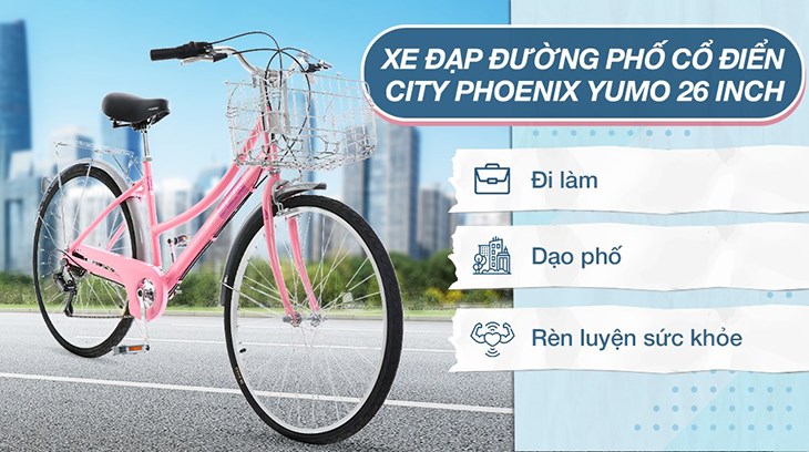 Xe Đạp Đường Phố Cổ Điển City Phoenix Yumo 26 inch sở hữu kiểu dáng nữ tính phù hợp cho các bạn gái sử dụng đi làm, đi học