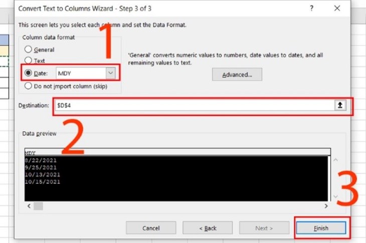 Chọn MDY ở mục Date, rồi chọn vùng muốn đưa dữ liệu đầu ra và nhấn Finish