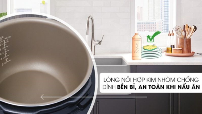 Nồi áp suất Philips có lớp Whitford giúp lòng nồi hạn chế việc bị trầy xước Nồi áp suất Philips có lớp Whitford giúp chống dính thức ăn dưới đáy nồi