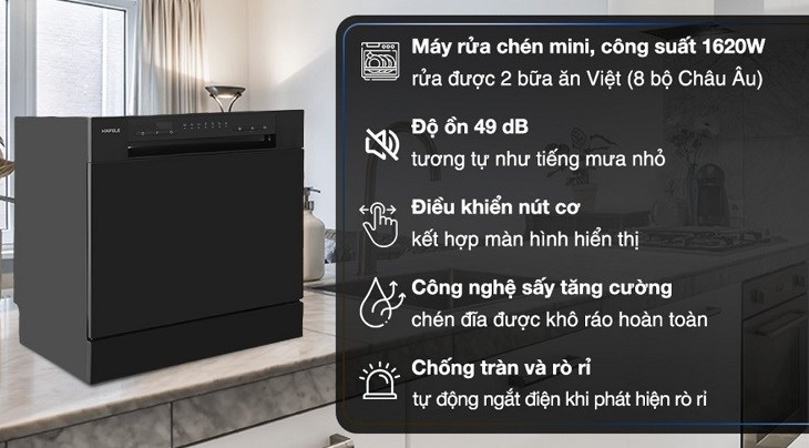 Máy rửa chén mini Hafele HDW-T5531B (538.21.350) rửa được số lượng chén bát dùng cho khoảng 2 bữa ăn người Việt