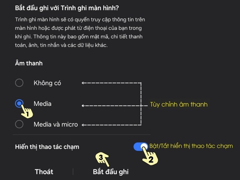 Thiết lập âm thanh, hiển thị  Bắt đầu quay màn hình