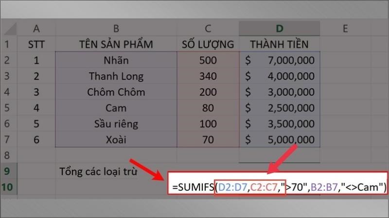 Đối số Criteria_range là D2:D7 có số hàng và số cột bằng với đối số Sum_range là C2:C7