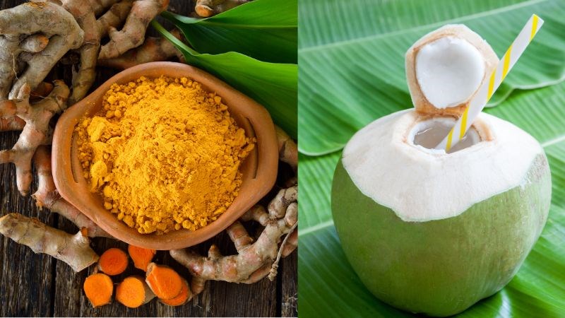 Nghệ kết hợp với dừa tươi giúp tăng khả năng kháng khuẩn, kháng viêm, bảo vệ niêm mạc dạ dày