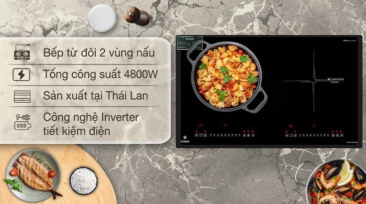 Bếp từ đôi lắp âm Pramie PRTH-A2 có công suất 4800W, đáp ứng tốt nhu cầu nấu nướng cho gia đình đông người