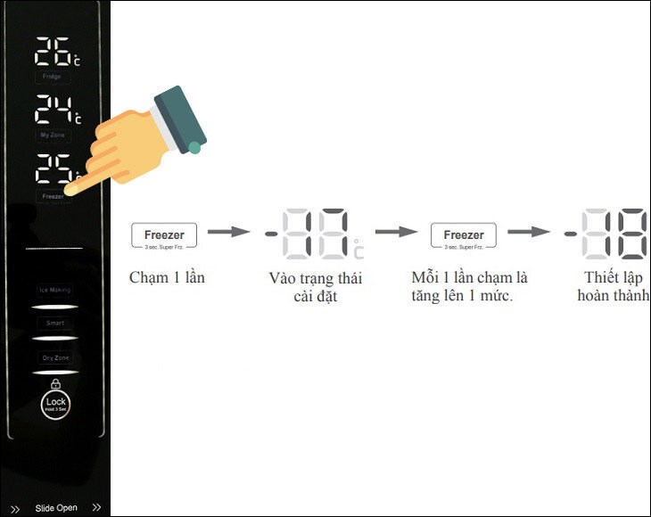 Chạm vào phím Freezer để điều chỉnh nhiệt độ ngăn đá