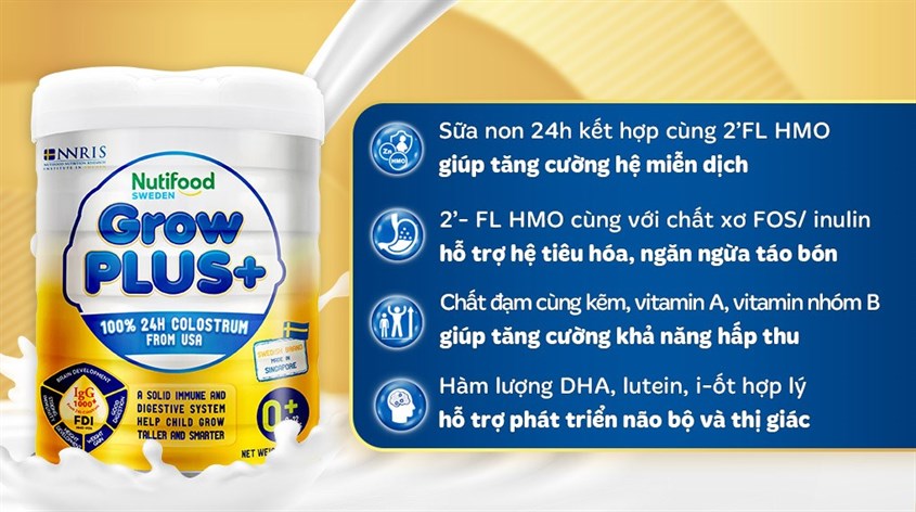 Sữa bột Nutifood GrowPLUS+ vàng 0+ (sữa non) hương vani 800g (0 - 12 tháng)