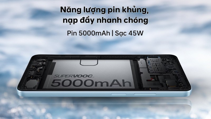 Pin 5000mAh hỗ trợ sạc nhanh 45W, cho phép sạc đầy trong khoảng 60 phút Pin 5000mAh hỗ trợ sạc nhanh 45W, cho phép sạc đầy trong khoảng 60 phút