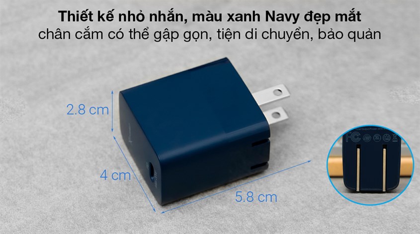Adapter Sạc Type C PD 20W Xmobile TC20B xanh Navy với thiết kế tiện lợi