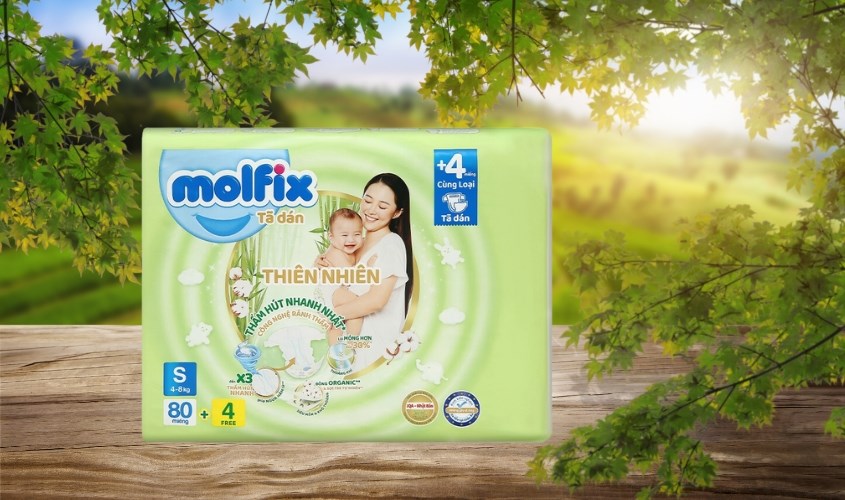 Tã dán Molfix thiên nhiên size S 80 + 4 miếng (4 - 8 kg) - Giao bao bì ngẫu nhiên