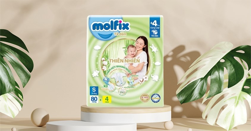 Tã dán Molfix thiên nhiên size S 80 + 4 miếng (4 - 8 kg) - Giao bao bì ngẫu nhiên