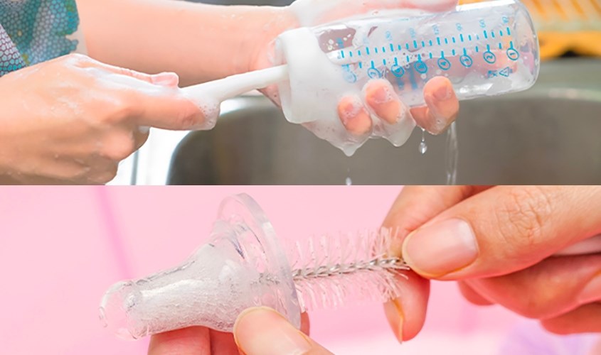 Dùng cọ rửa chuyên dụng để làm sạch các bộ phận bình sữa