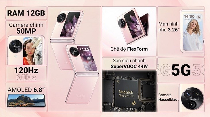 Điện thoại OPPO Find N3 Flip 5G Hồng sở hữu thiết kế sang trọng và hiệu năng mạnh mẽ