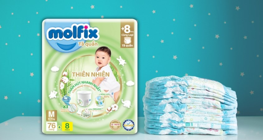 Tã quần Molfix thiên nhiên size M 76 + 8 miếng