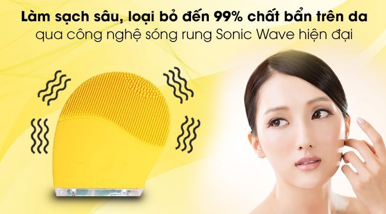 Máy rửa mặt và massage Halio Mustard được trang bị công nghệ rung Sonic Wave giúp loại bỏ bụi bẩn, tẩy da chết hiệu quả
