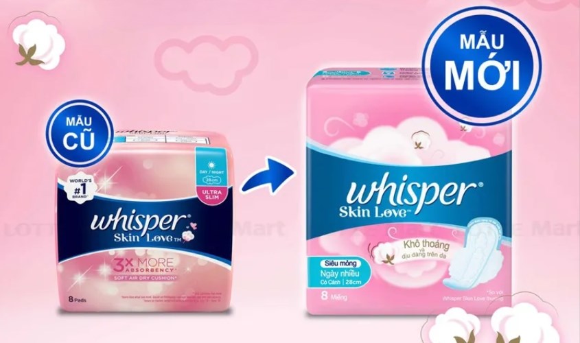 Băng vệ sinh ban ngày Whisper Skin Love khô thoáng có cánh 10 miếng
