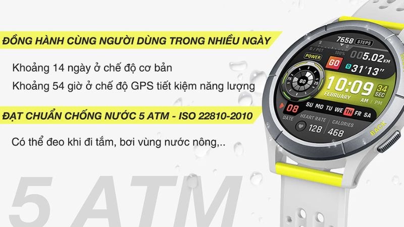 Tính năng chống nước 5ATM cho phép sử dụng trong bơi lội