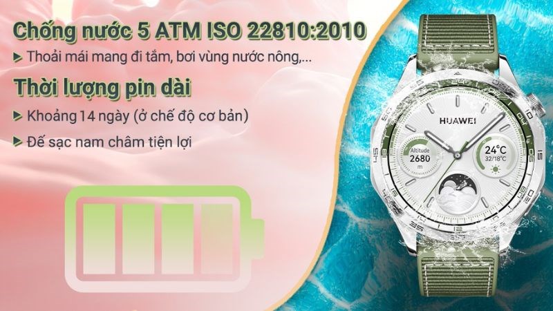 Tính năng chống nước 5ATM cho phép sử dụng trong các hoạt động dưới nước
