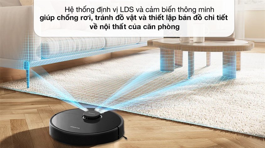 Robot hút bụi lau nhà Dreame D9 MAX sử dụng hệ thống định vị LDS kết hợp cùng với cảm biến giúp lau dọn nhanh chóng đồng thời các cảm biến giúp robot tránh vật cản hiệu quả