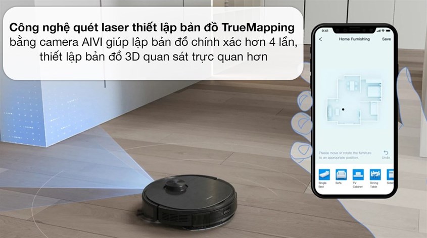 Robot hút bụi lau nhà Ecovacs Deebot T9 AIVI Plus với bộ lọc HEPA giúp loại bỏ bụi bẩn và cặn bã hiệu quả, điều khiển từ xa thông qua ứng dụng trên điện thoại