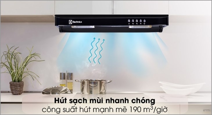 Máy hút mùi Electrolux EFT6032K hoạt động ở công suất 130W, tạo lực hút 190 m³/h