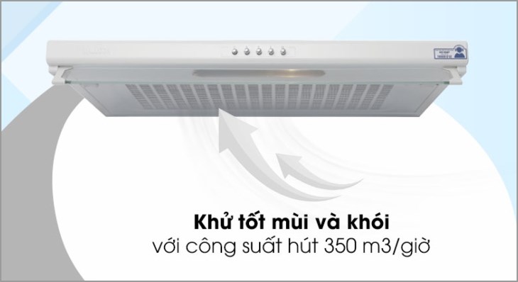 Máy hút mùi áp tường Malloca H107W có thể hút khói, khử mùi nhanh chóng với công suất hút 350 m³/h