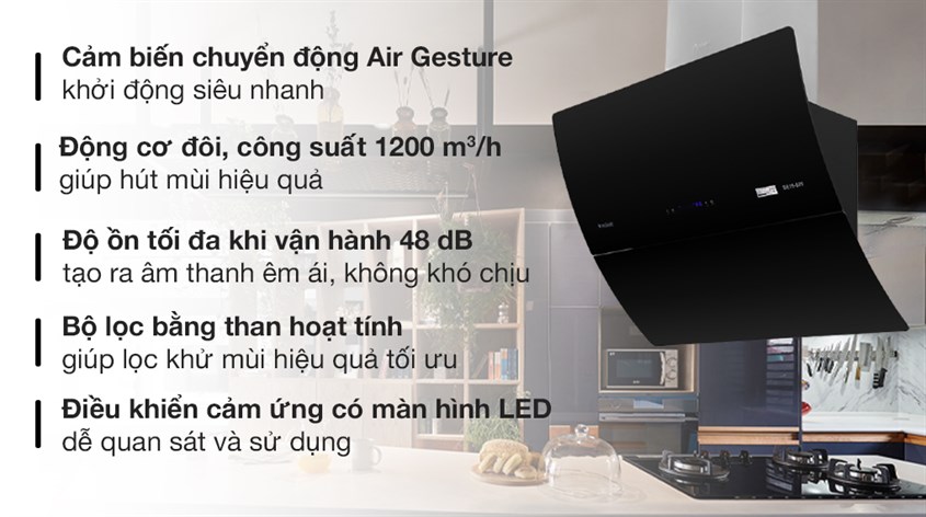 Máy hút mùi kính vát Pramie DE19-900 sở hữu thiết kế gọn nhẹ, sang trọng