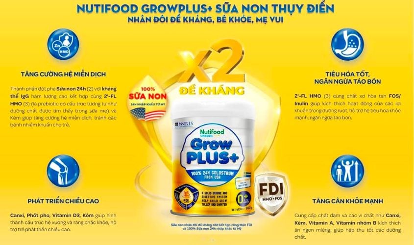 Sữa bột Nutifood GrowPLUS+ vàng (sữa non) hương vani 800g (0 - 12 tháng)