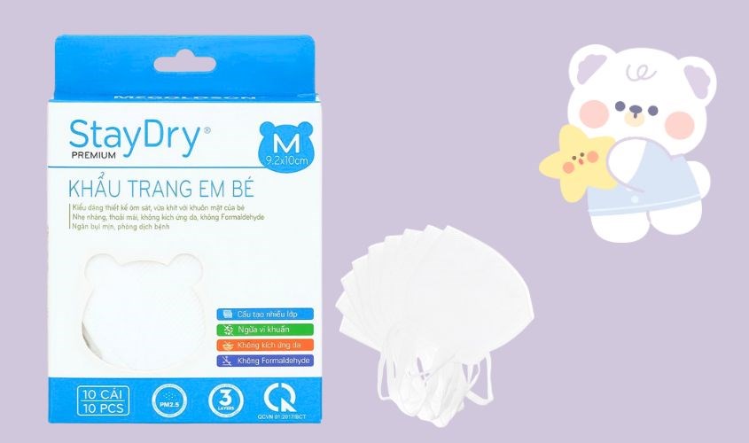 Hộp 10 cái khẩu trang y tế cho bé StayDry 3 lớp size M
