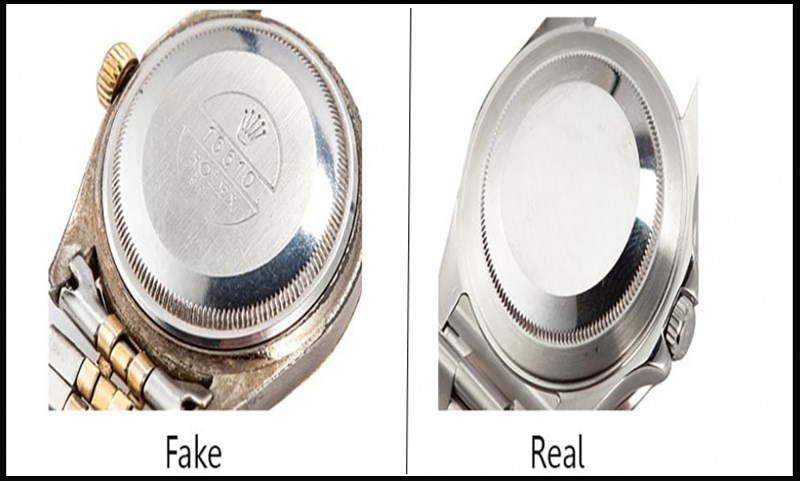 Nắp lưng đồng hồ Rolex thật đều có vân Nắp lưng đồng hồ Rolex thật đều có vân