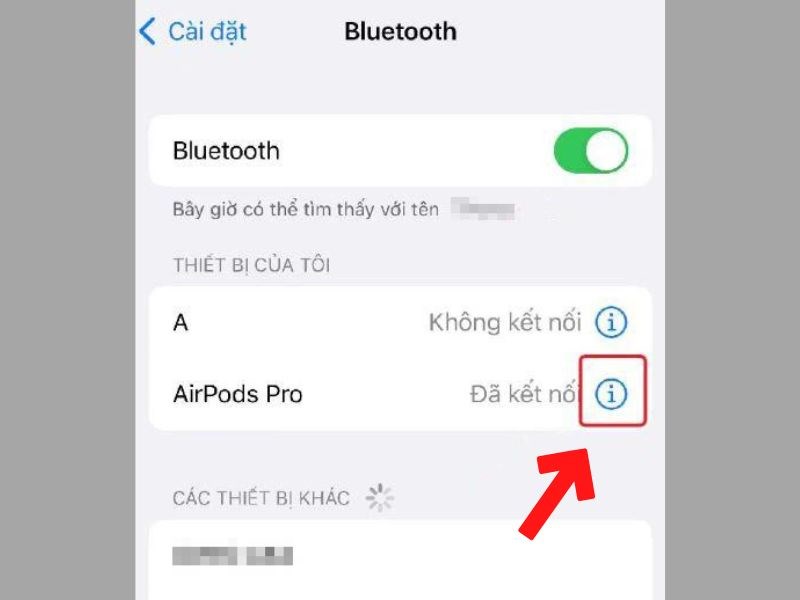 Nhấn v&agrave;o biểu tượng chữ i ở ph&iacute;a b&ecirc;n phải của  mục AirPods Pro