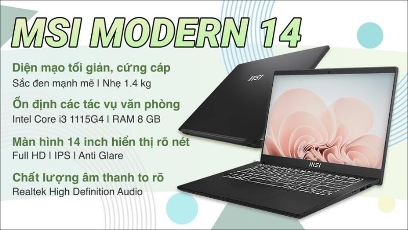 Laptop MSI Modern 14 C11M i3 1115G4 (011VN) - Sở hữu bộ vi xử lý mạnh mẽ cùng màn hình sắc nét hấp dẫn 