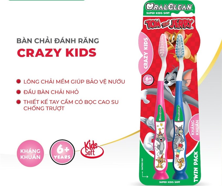 Bộ 2 bàn chải cho bé Oral Clean Crazy Kids Soft lông mềm (từ 6 tuổi) - Màu xanh dương, hồng
