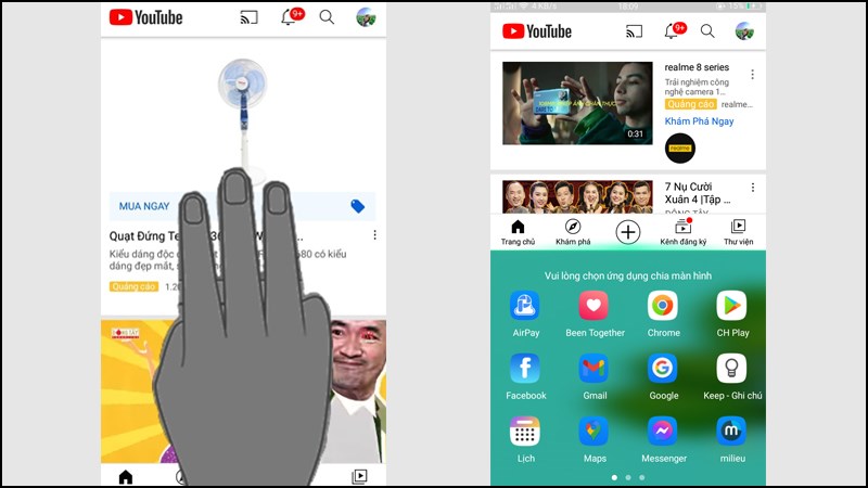 Giữ 3 ng&oacute;n tay vuốt l&ecirc;n để mở 1 ứng dụng 