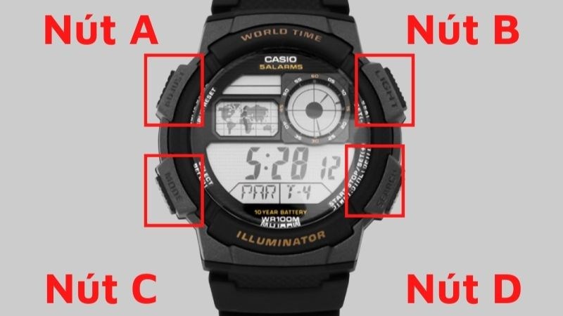 N&uacute;t A v&agrave; C nằm b&ecirc;n tr&aacute;i, n&uacute;t B v&agrave; D nằm b&ecirc;n phải