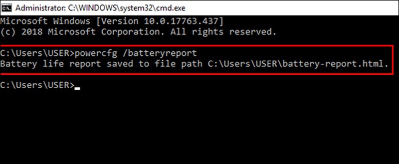 Bạn nhập lệnh: powercfg /batteryreport > Nhấn Enter