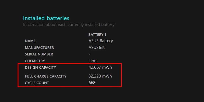 Trong trang Battery report hiện ra, t&igrave;m đến danh mục Installed batteries